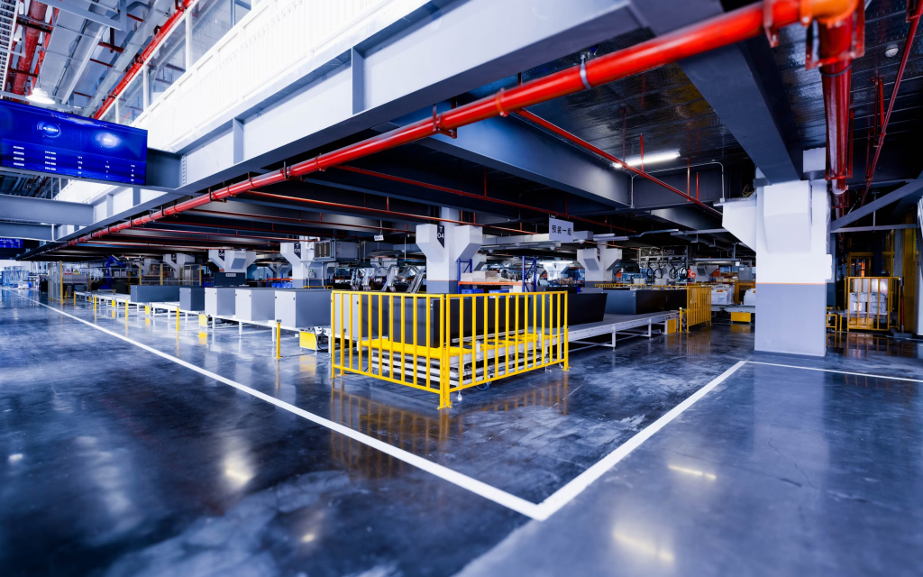 A factory scene with vibrant yellow and orange pipes, under the glow of bright explosion-proof lighting.