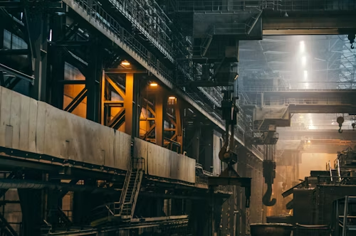 A view of an industrial steel factory with prominent steel beams and machinery for manufacturing processes.