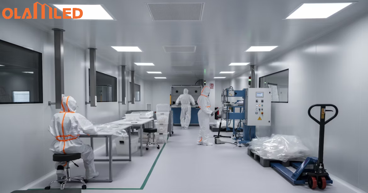 A cleanroom with several people in protective gear working on various tasks in a sterile environment.