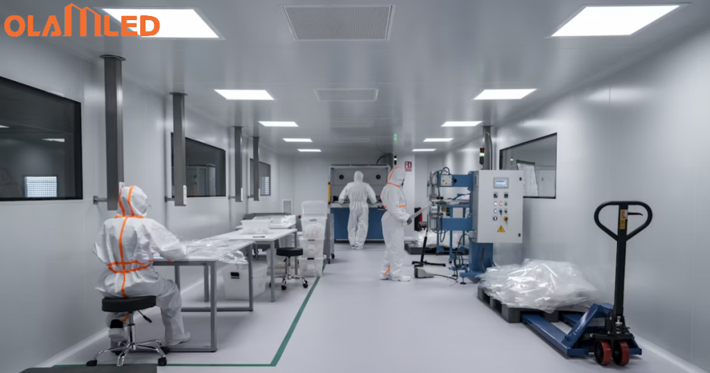 A cleanroom with several people in protective gear working on various tasks in a sterile environment.