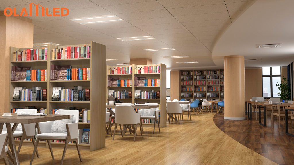 A library brimming with books, featuring bright panel lights that enhance the inviting reading space.