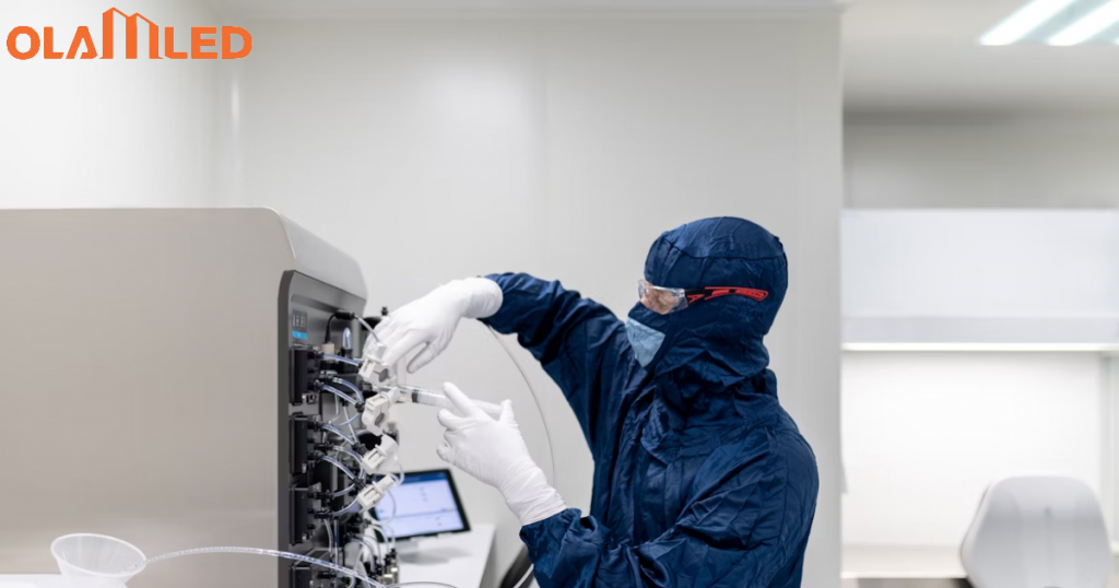A man in a lab coat and gloves operates a machine in a cleanroom environment