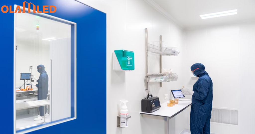 A man in a lab coat is positioned in front of a blue door within a cleanroom.