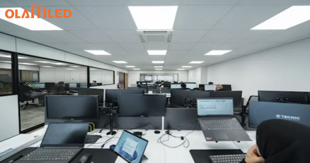 A spacious open office filled with computers and people, illuminated by bright led panel lights.