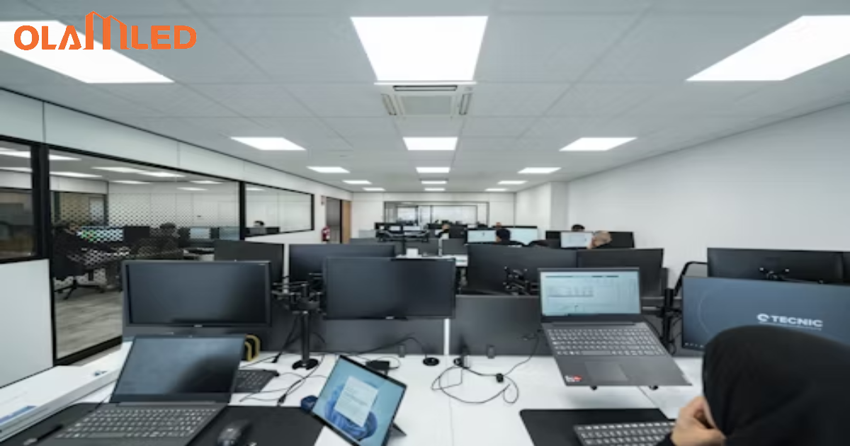 A spacious open office filled with computers and people, illuminated by bright led panel lights.