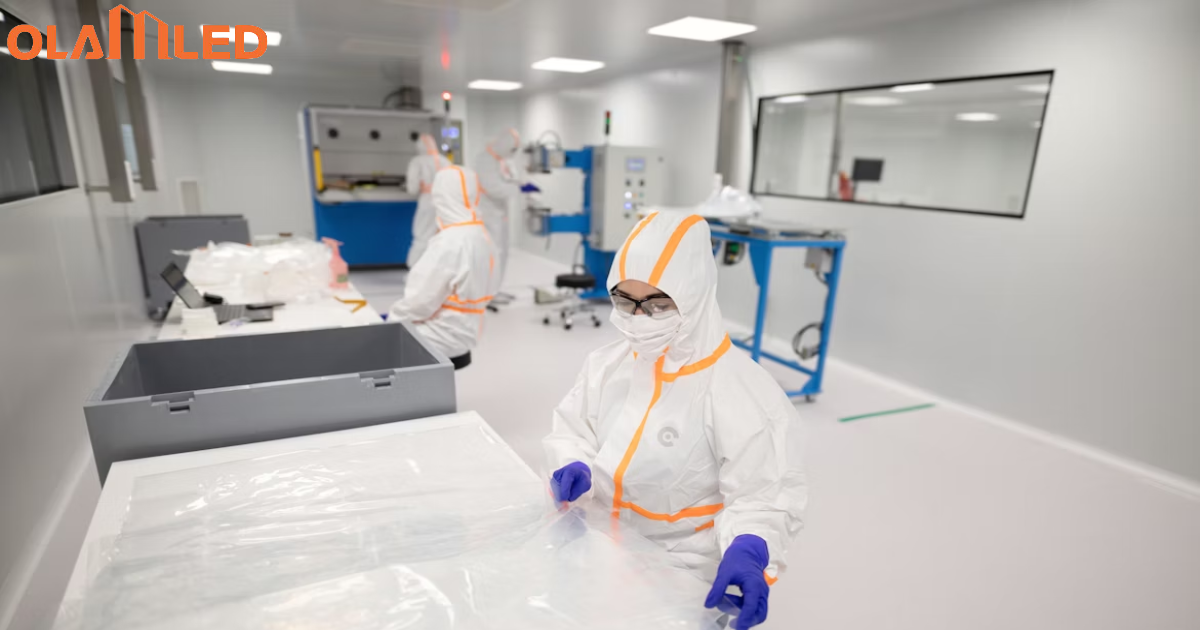 A worker in a lab coat and gloves is handling a large piece of plastic in a cleanroom environment.