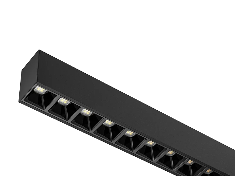 Matsort LED lineær belysning med indbyggede firkantede anti-blænding gitterceller og multi-die LED-moduler til kommercielle kontorer med lav UGR