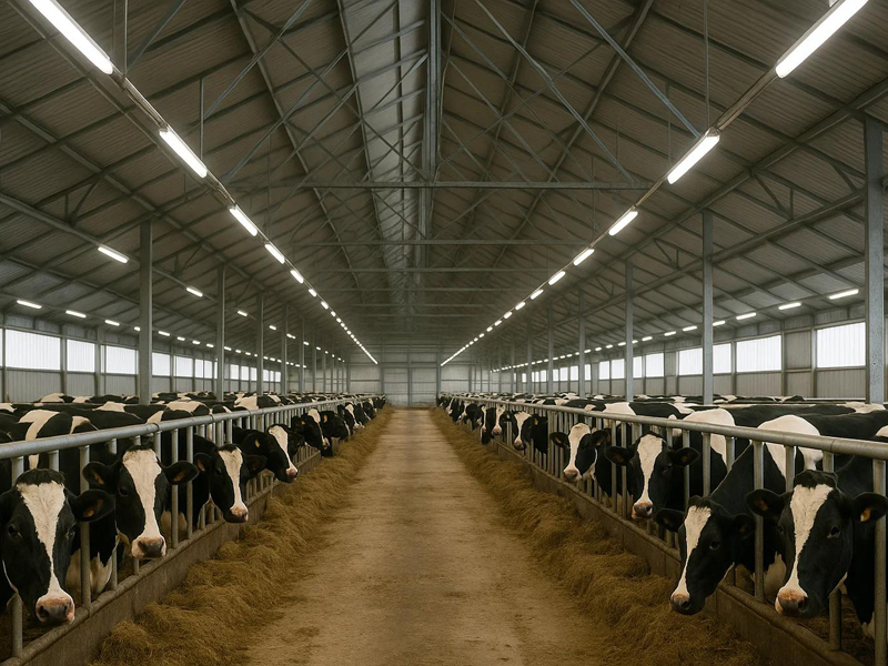 Farm Lighting 8 Rows of Holstein cows feed in a modern, spacious dairy barn.
