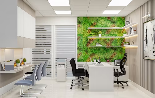 Contemporary office space with a vibrant green wall and led panel light enhancing the environment