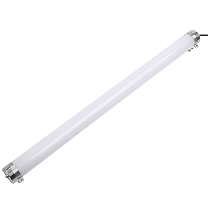 مصباح LED أنبوبي كامل الطول مقاوم للماء بثلاثة أنواع من مواد العزل، مزود بأغطية من الفولاذ المقاوم للصدأ، مناسب للأسقف الصناعية.