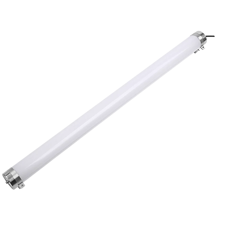 Luminária tubular LED opalina de comprimento total, à prova de balas, com tampas de aço inoxidável para tetos industriais.