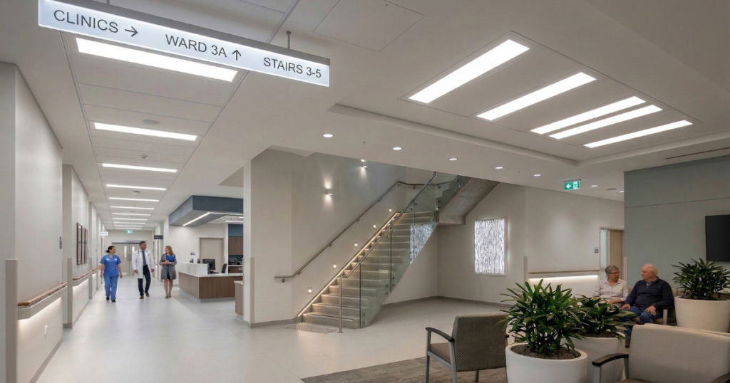 Modern hospital or clinic interior with a long, well-lit hallway where medical staff walk. A glass staircase and a patient wa