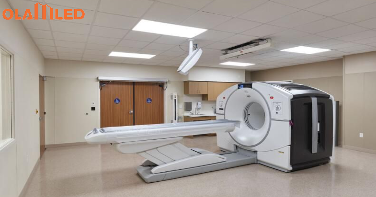 Mri machine in a hospital room illuminated by led cleanroom troffer lighting, showcasing a sterile medical environment. (2)