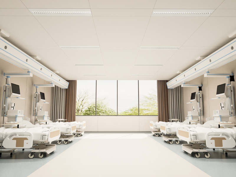 Modern hospital ward with led grille light fixtures