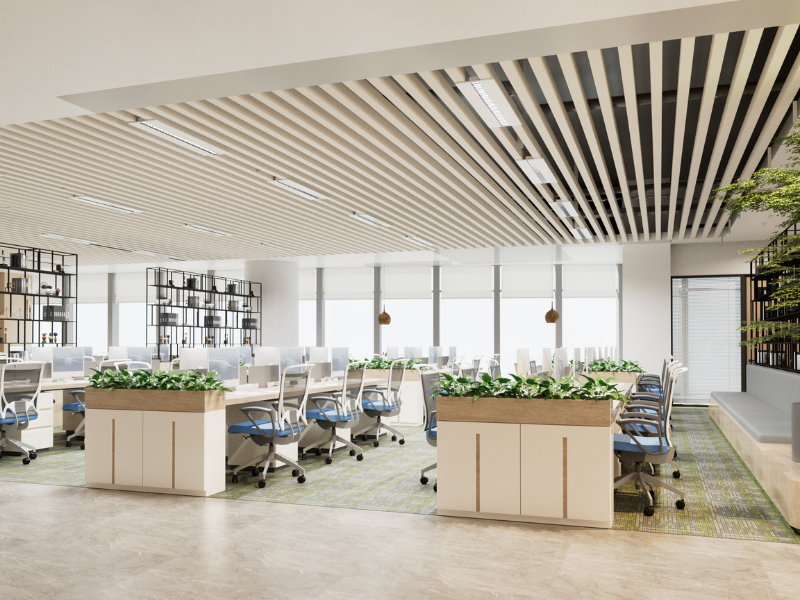 Modern open plan office with led grille light fixtures