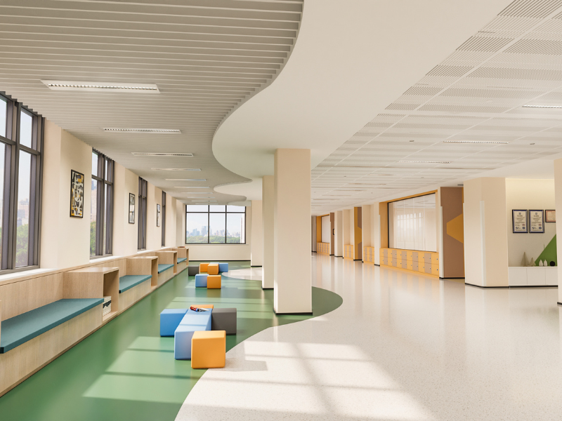 Modern school hallway with led grille light fixtures
