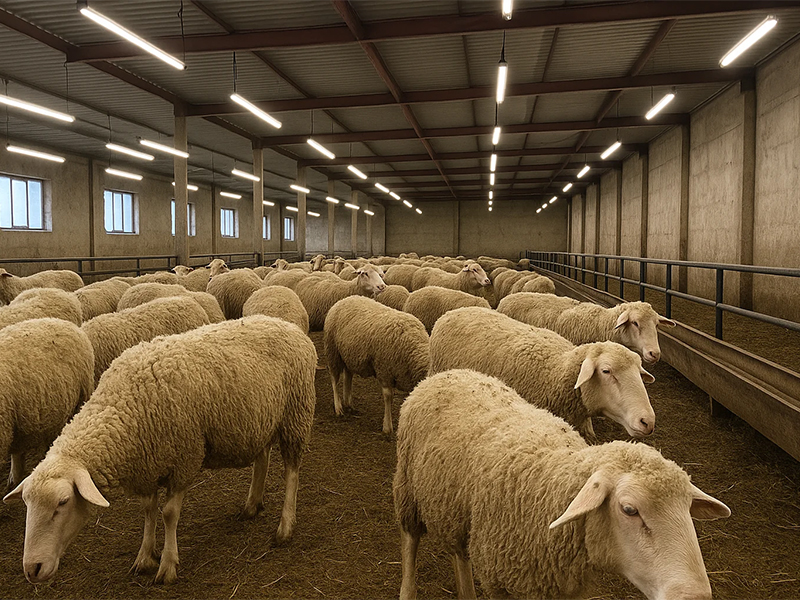 Farm Lighting 9 A flock of sheep gathers inside a spacious, well-lit barn, sheltered from the elements.