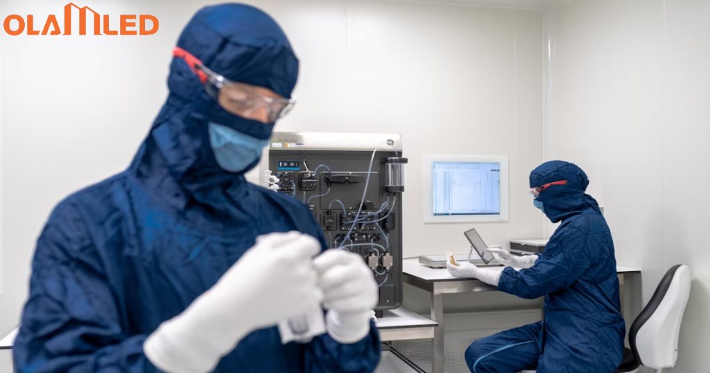 Two professionals in blue suits and masks collaborating on a computer in a cleanroom.