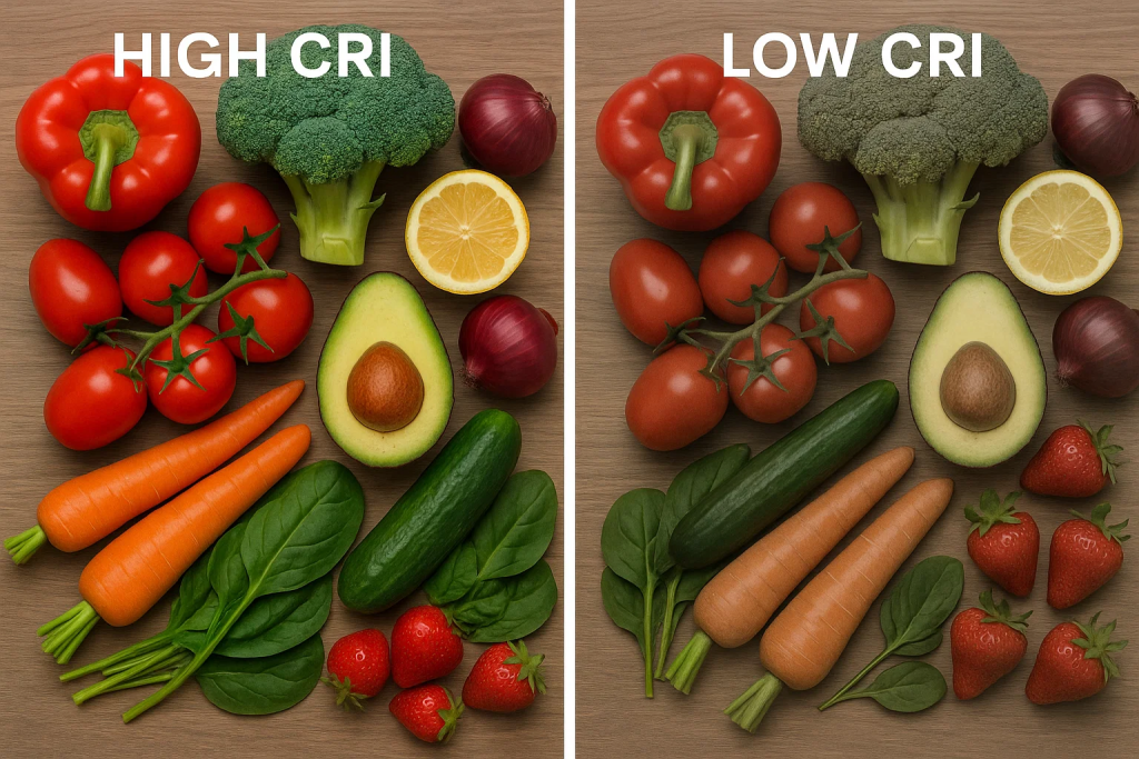 Visual representation of high versus low cri, highlighting the impact on color perception in lighting conditions.