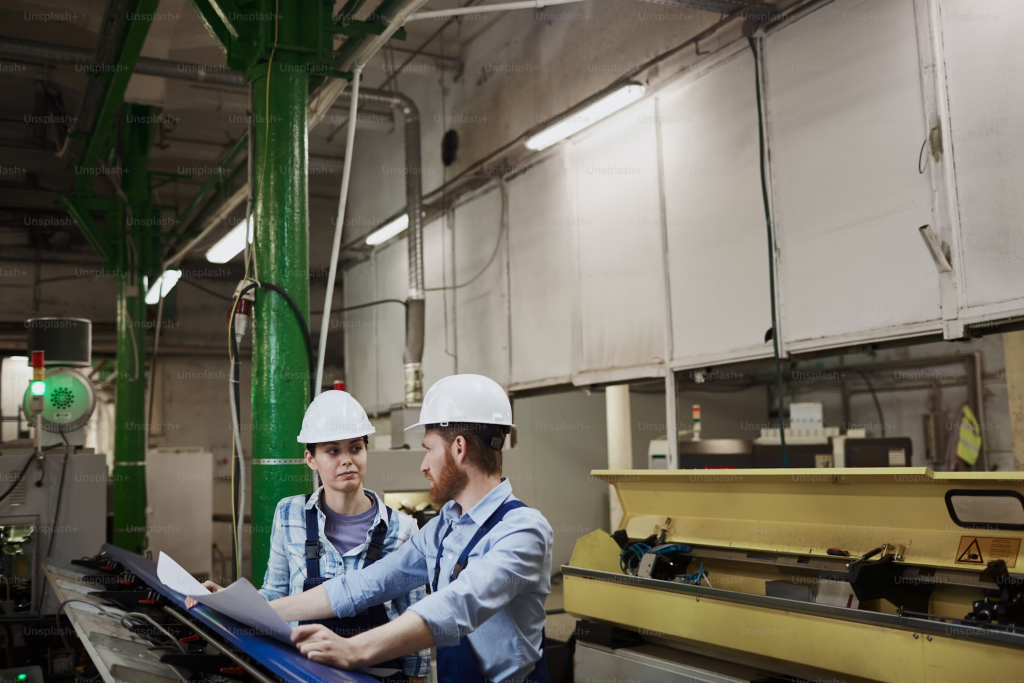Two workers in hard hats focus on tasks in a factory, emphasizing safety in their operations.
