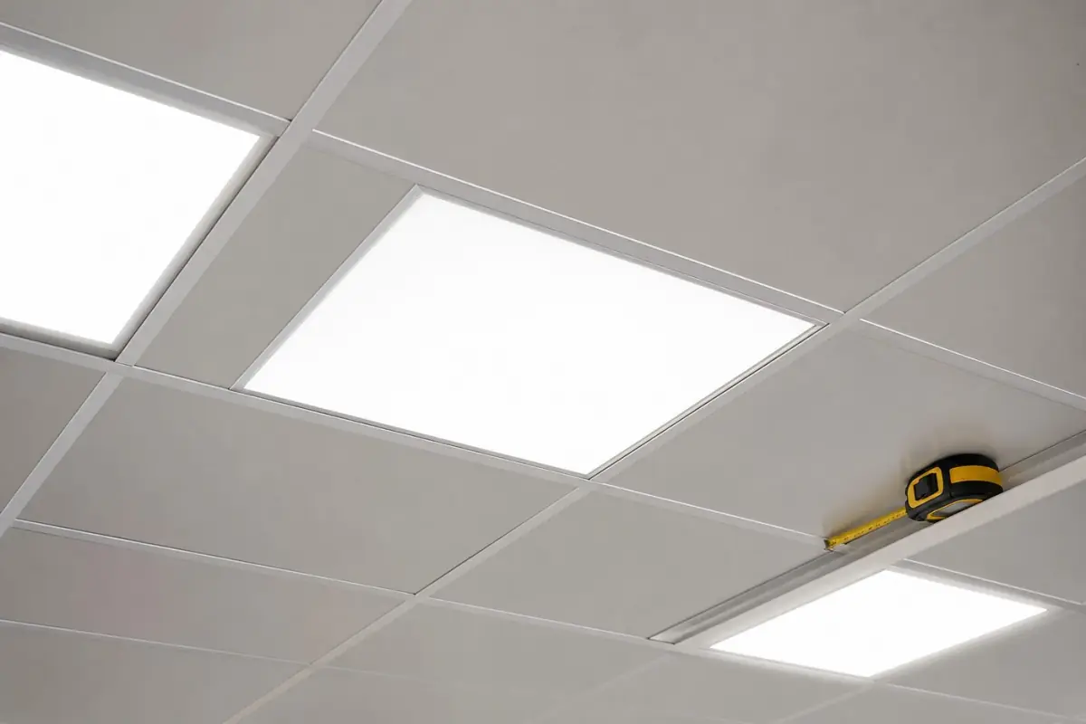 Panel LED cuadrado de 620x620 mm empotrado en un cassette metálico alemán. Rejilla Rasterdecke con cinta métrica en la barra en T.