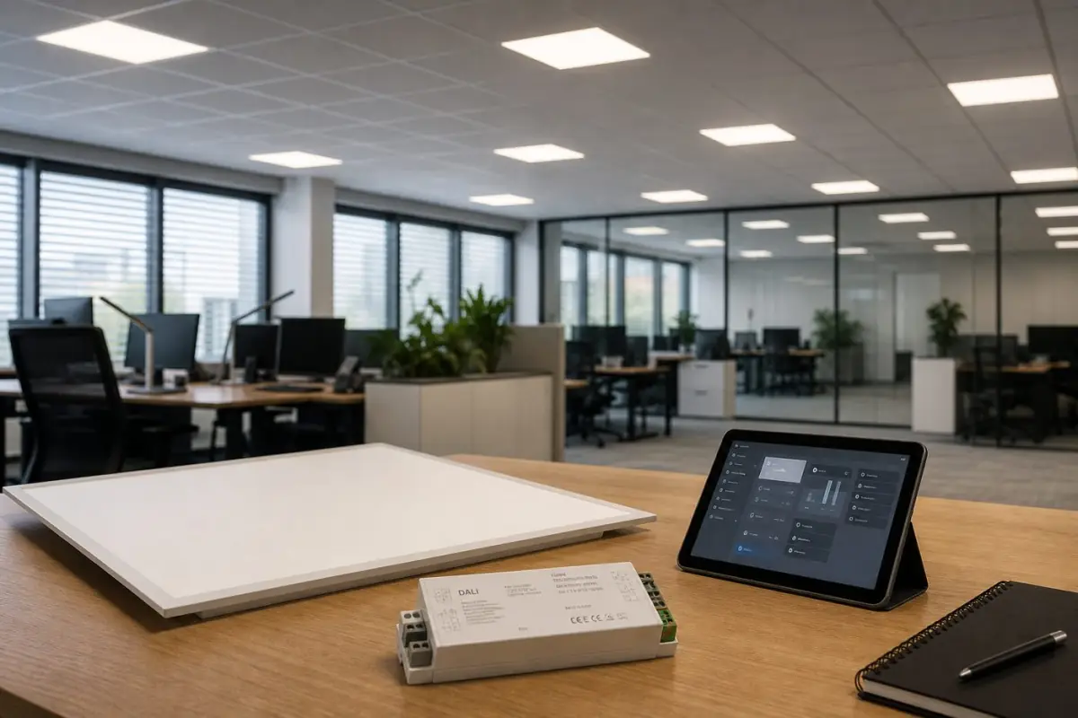 Soffitto di un ufficio tedesco open space con pannelli LED incassati e un'etichetta del driver DALI-2 visibile su una piastrella in rilievo.