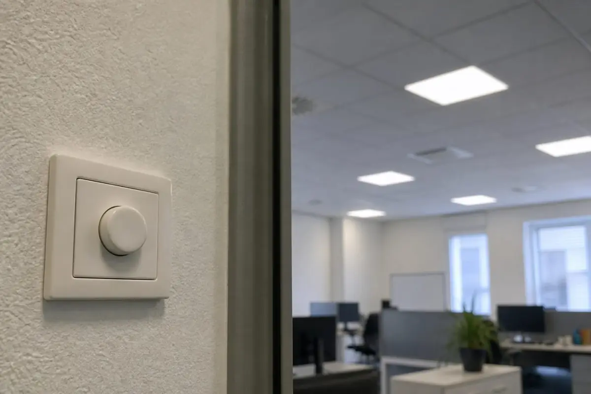 Stablede LED-panelkartoner og blandede drivere på en fabrikspakkebænk, TRIAC ved siden af ​​DALI-2