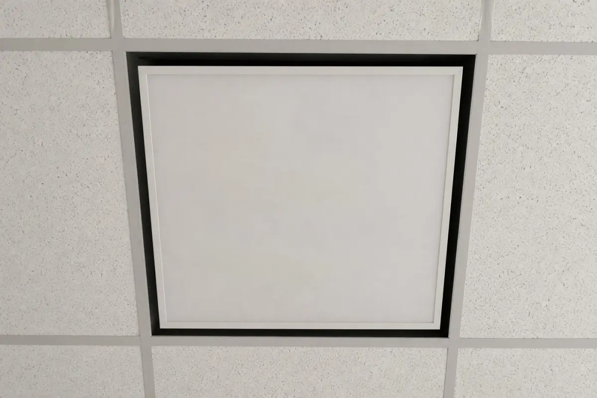 Poddimenzovaný LED panel o šířce 595 mm zanechává tmavou mezeru v německém kovovém kazetovém stropním roštu o šířce 625 mm