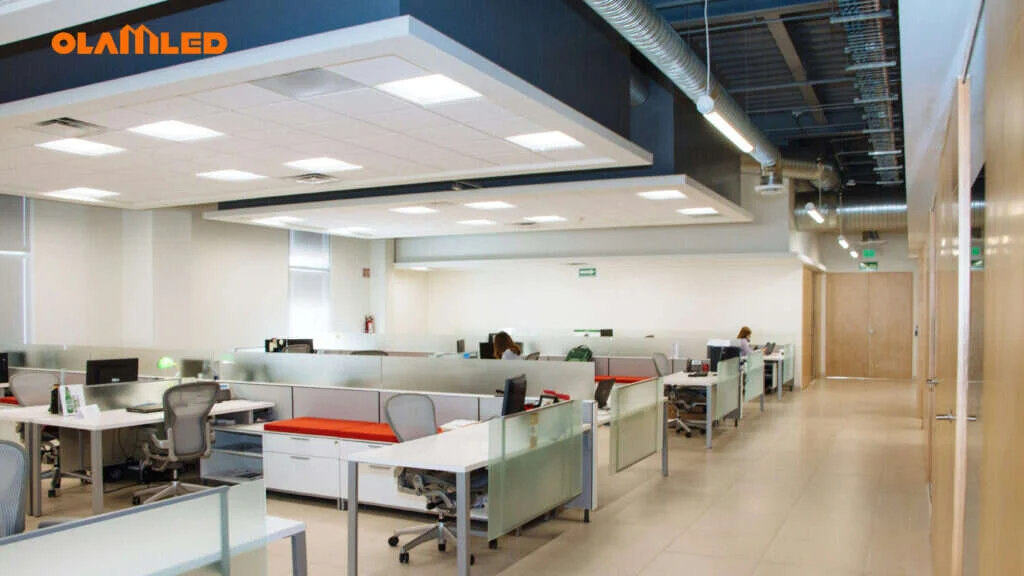 مكتب مفتوح مشرق مزود بإضاءة LED من نوع OLAMLED مثبتة في السقف، مما يوفر إضاءة مريحة لمحطات العمل.